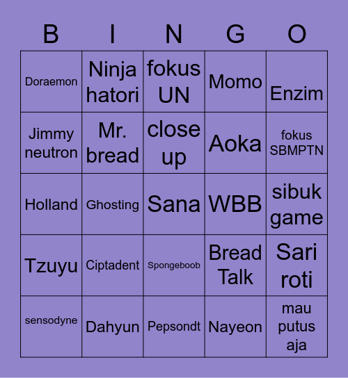 NO;ZE Bingo Card