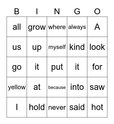 Sight Words Bingo Card