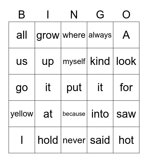 Sight Words Bingo Card