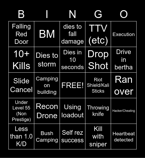 Warzone Bingo Card