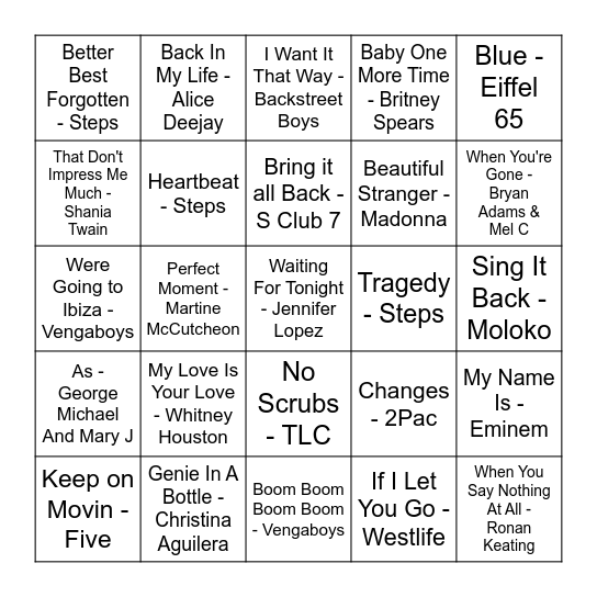 Rock And Roll Bingo Years 1999 Bingo Card