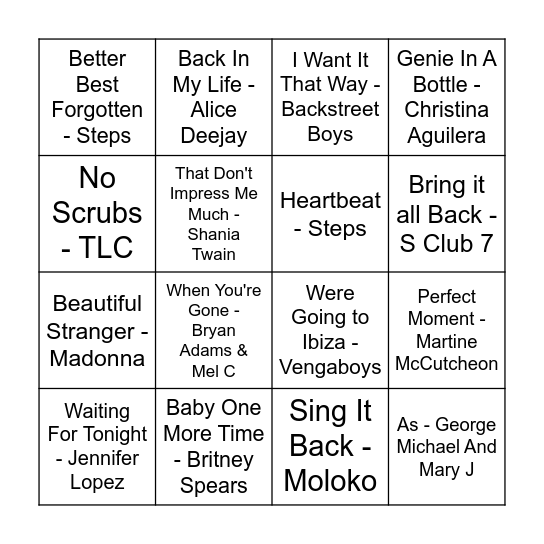 Rock N Roll Bingo 1999 Bingo Card