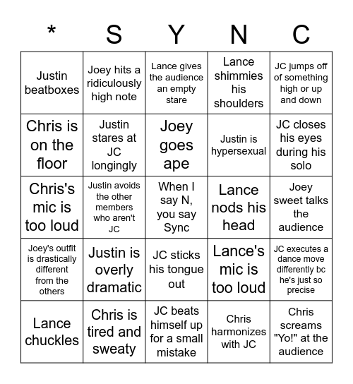 *NSYNC PERFORMANCE BINGO Card