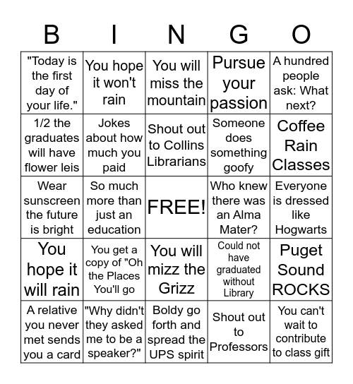 Commencement Bingo Card