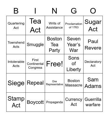 Causes of the Revolution Bingo Card