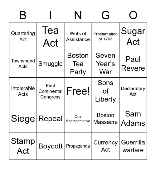 Causes of the Revolution Bingo Card