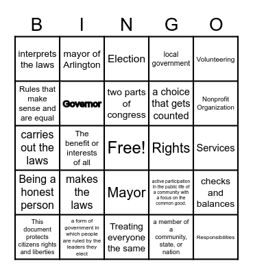 Government & Citizenship Bingo Card