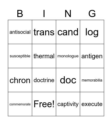 English 8 Vocabulary Bingo Card