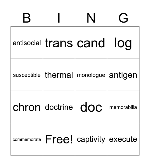 English 8 Vocabulary Bingo Card