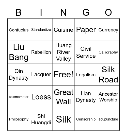 Ancient China Bingo Card