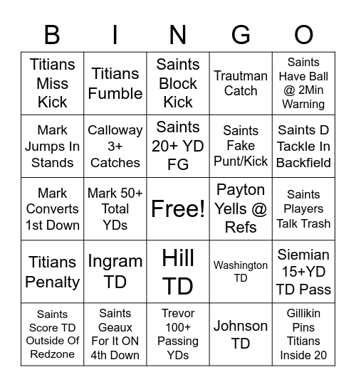 Saints Vs Titians Bingo Card