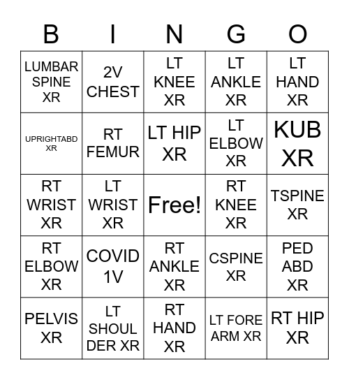 XRAY BINGO Card