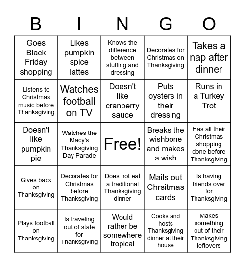 Thanksgiving BINGO Find Someone Who... Bingo Card