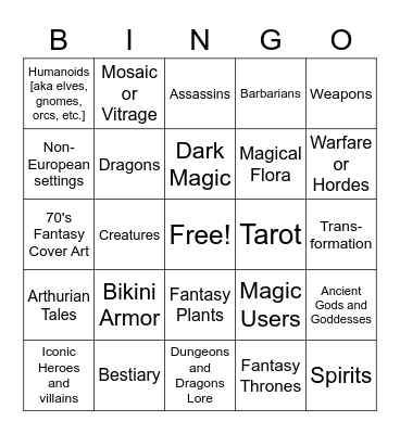December Fantasy Bingo Card