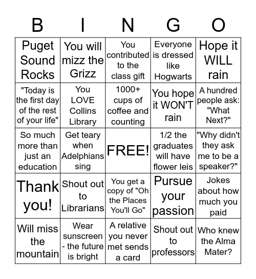 Commencement Bingo Card