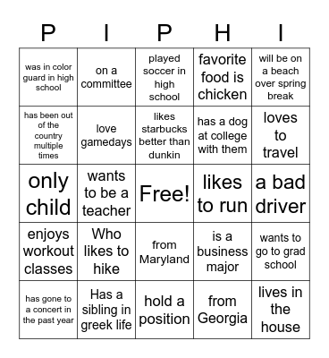 PIPHI Bingo Card