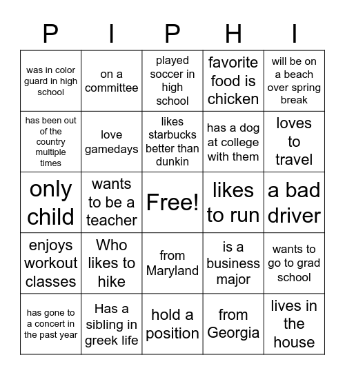 PIPHI Bingo Card
