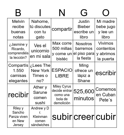 ER / IR verbs 4.2 Bingo Card