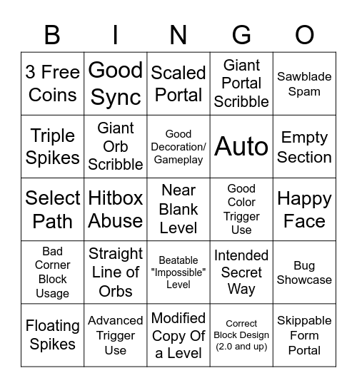 GD Recent Level Bingo Card