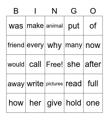 High Frequency Word Bingo Unit 2 Bingo Card