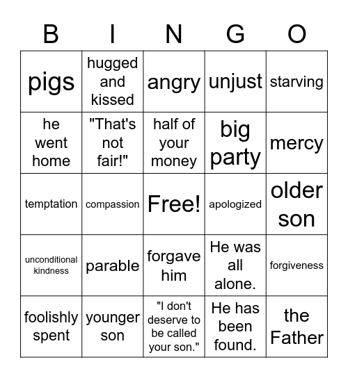 Prodigal Son Bingo Card