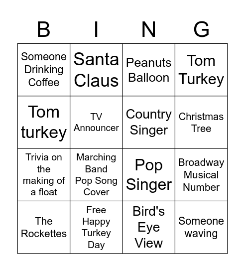 Macy's Thanksgiving Day Parade Bingo Card