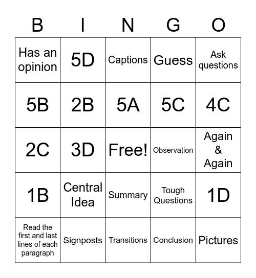 Reading Strategies Review Bingo Card