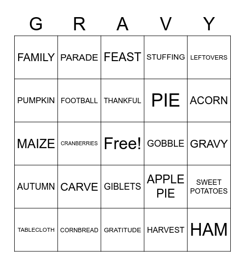 THANKSGIVING Bingo Card