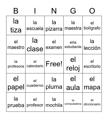 En la escuela Bingo Card
