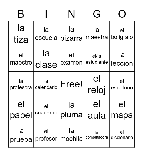 En la escuela Bingo Card