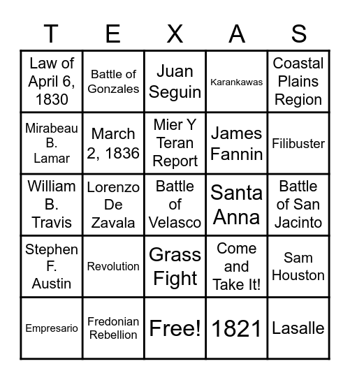 TEXAS HISTORY Bingo Card