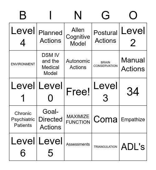 Cognitive Disabilities Model Bingo Card