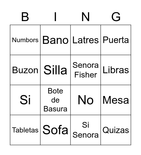 Spanish Words Bingo Card