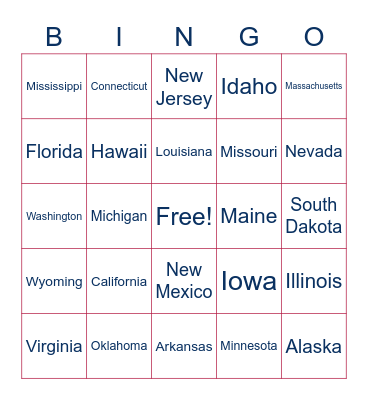 U. S. States Bingo Card