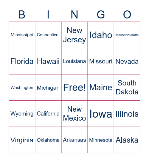 U. S. States Bingo Card
