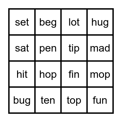 Short Vowel Bingo Card