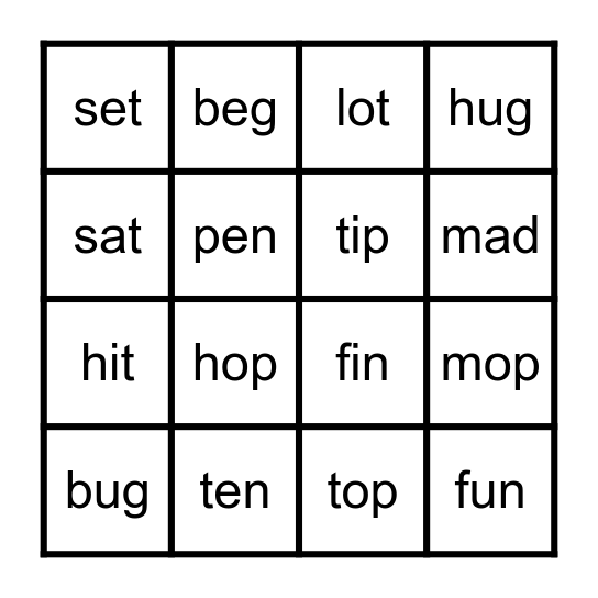 Short Vowel Bingo Card