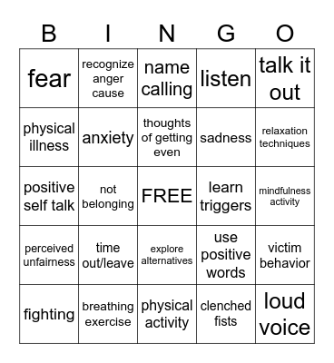 Anger management Bingo Card