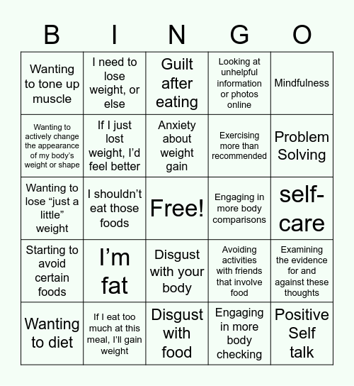 Relapse Prevention Plan Bingo Card