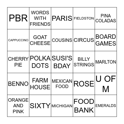 SUSI'S SIXTIETH BIRTHDAY BINGO Card