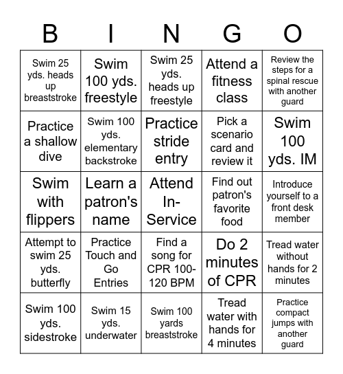 Lifeguard Bingo Card