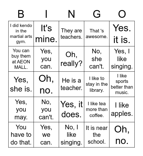 Excuse me, sir. Will you come here? 2ndG Bingo Card
