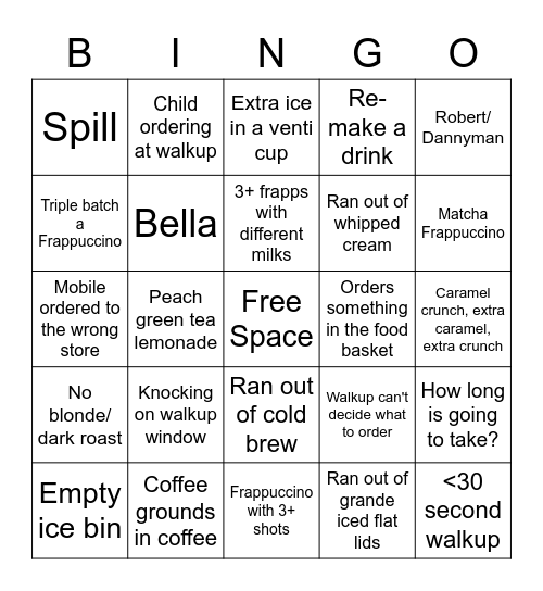 Starbucks Cold Bar Bingo Card