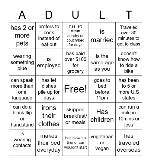 adulting bingo Card