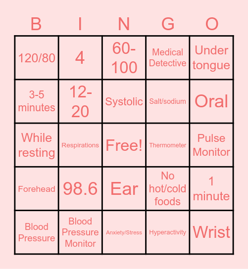 Vital Signs Bingo Card