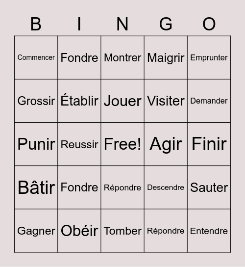 Verbs Bingo Card