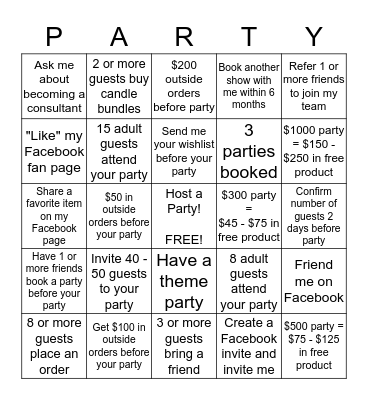 PartyLite Hostess Challange  Bingo Card