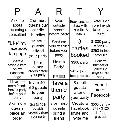 PartyLite Hostess Challange  Bingo Card