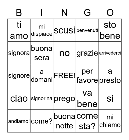 Italian Words Bingo Card