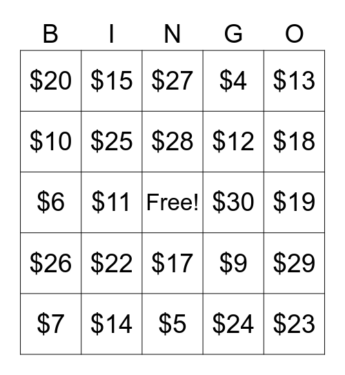 Dollar Up Bingo Card